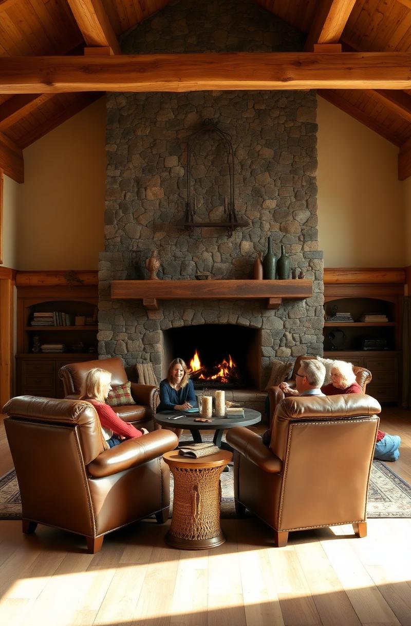 Family gathered by a stone fireplace in a ranch great room